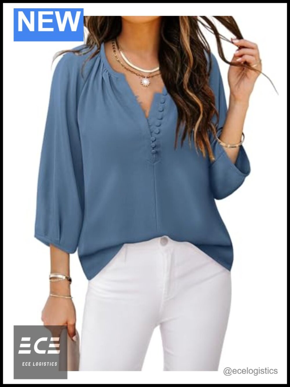 Women's V-Neck 3/4 Sleeve Button Down Blouse Loose Fit Boho Tunic Top
